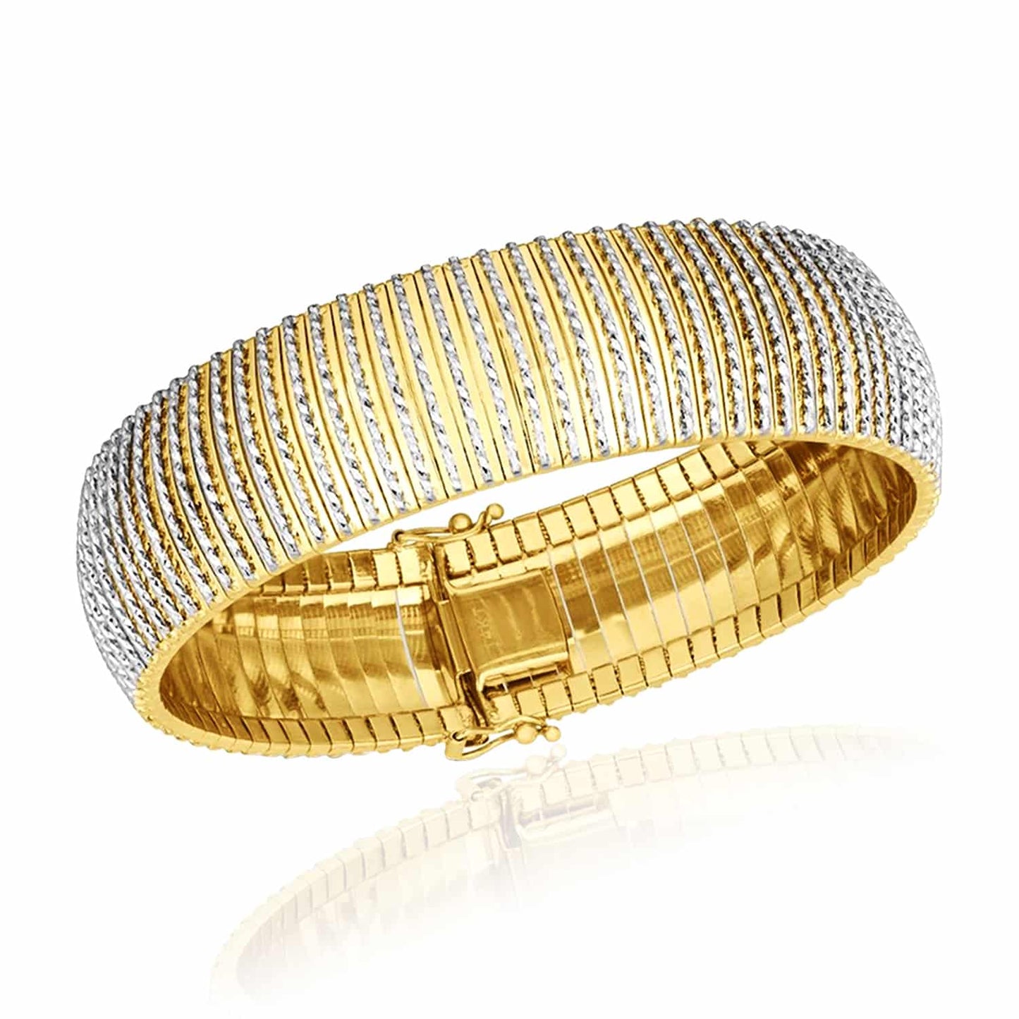 14K Gold Yellow White 17mm Diamond-Cut Flexible Bangle Bracelet 7"