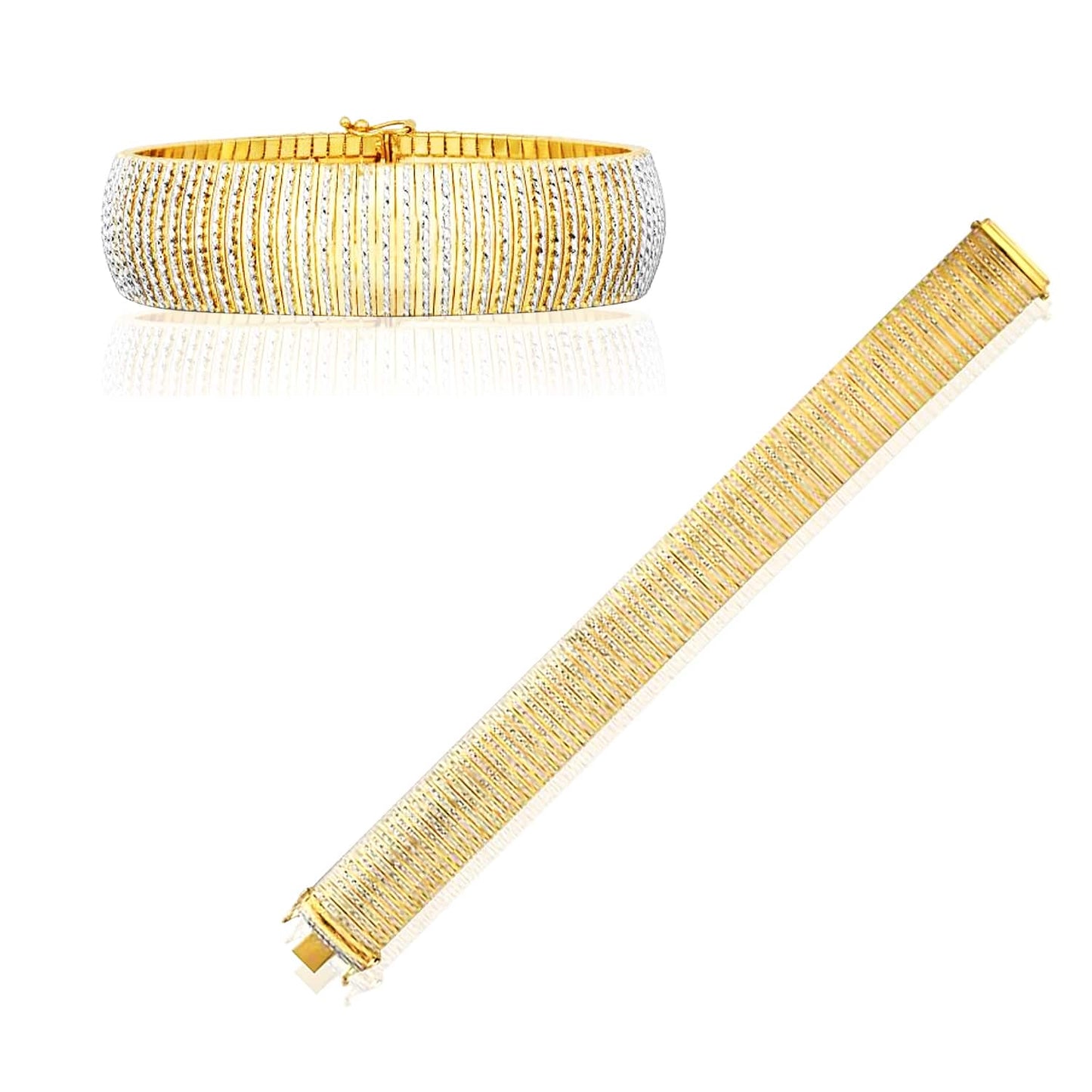 14K Gold Yellow White 17mm Diamond-Cut Flexible Bangle Bracelet 7"