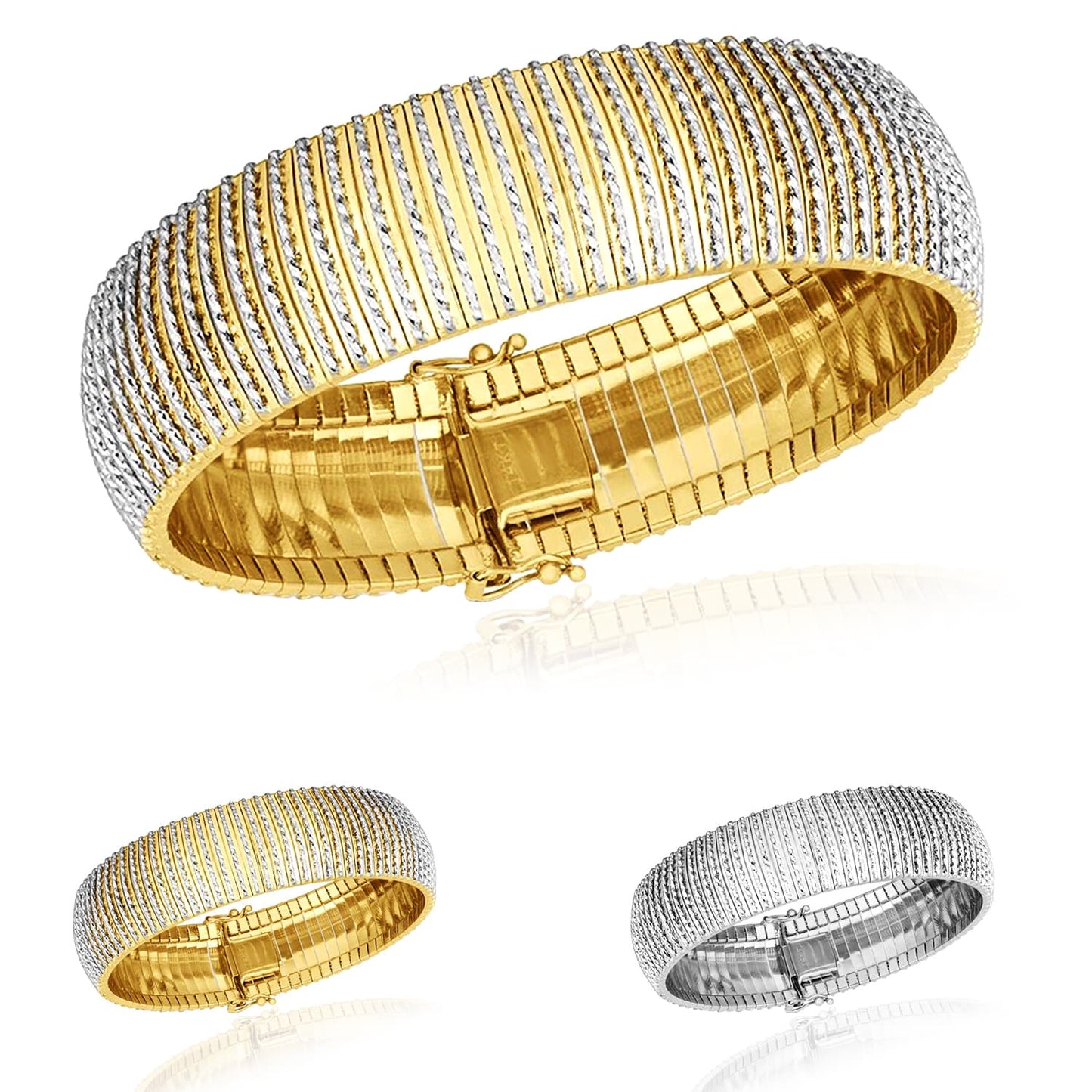 14K Real Gold Yellow White 17mm Wide Diamond-Cut Flexible Bangle Bracelet 7"