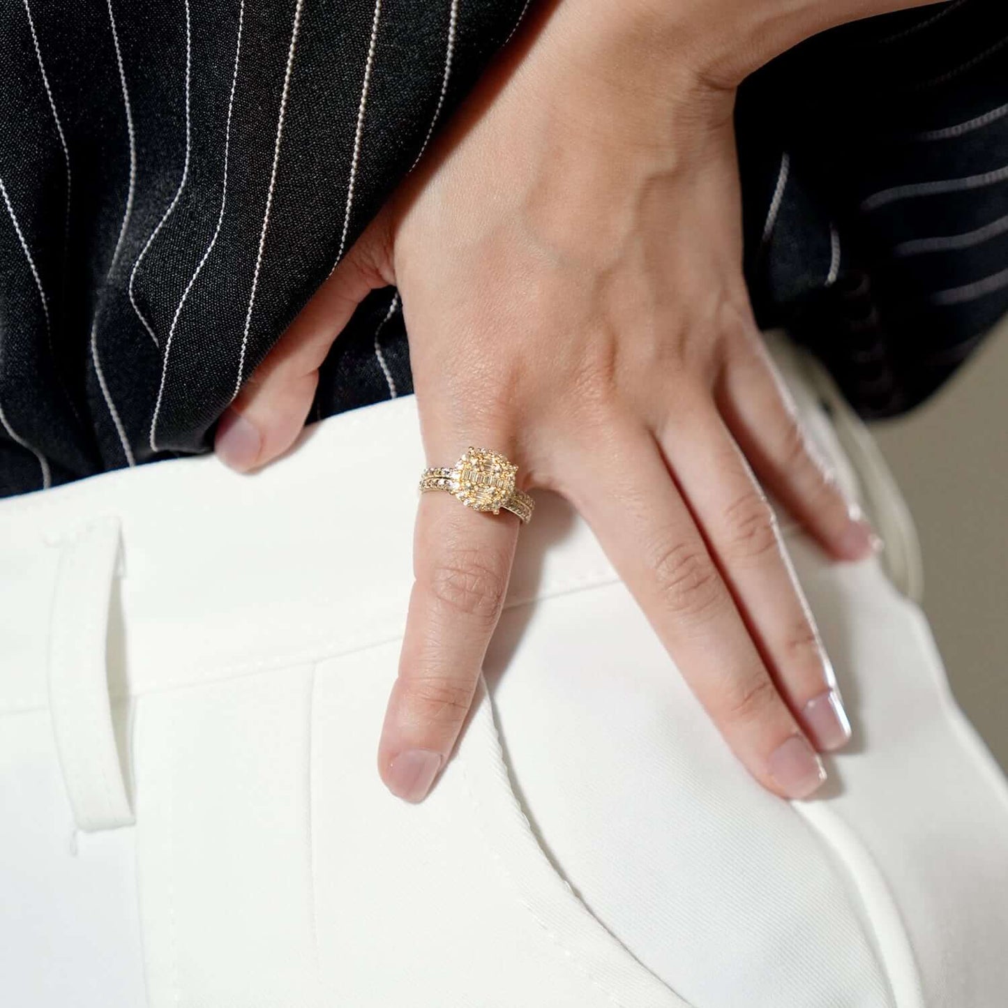 10K Gold Yellow CZ Baguette Round Cocktail Ring