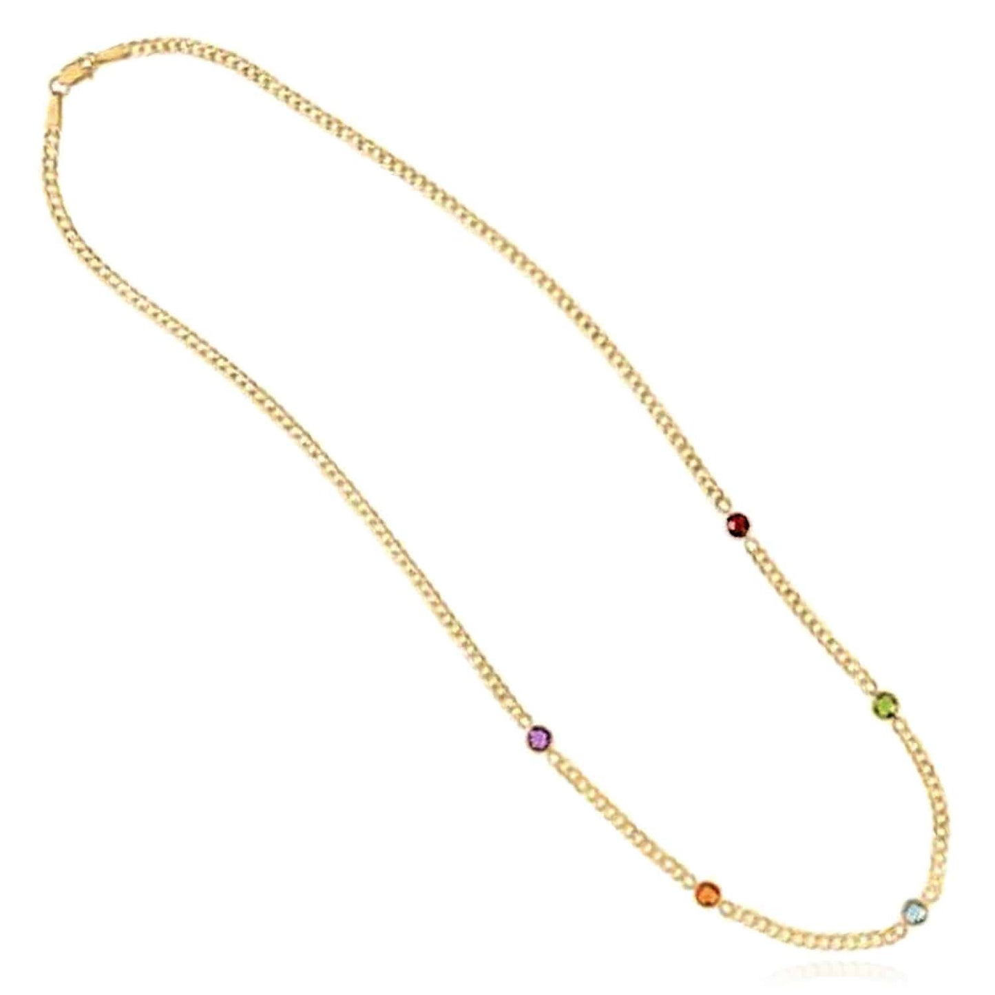 14K Real Gold Amethyst Blue Topaz Citrine Garnet Peridot Station Necklace 17"
