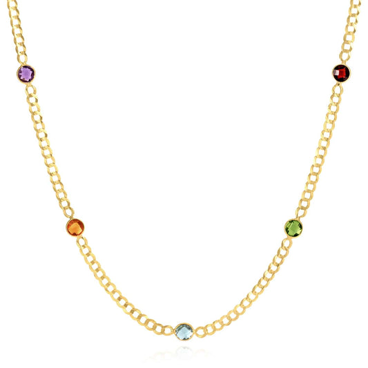 14K Yellow Gold Amethyst Blue Topaz Citrine Garnet Peridot Station Necklace (Solid Links) 17"