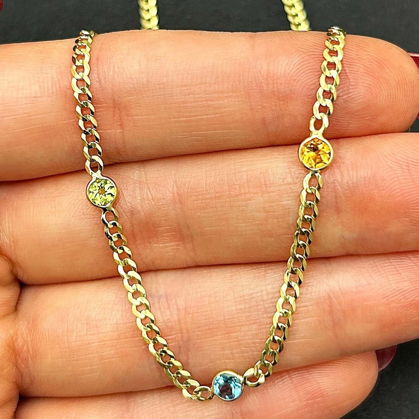 14K Real Gold Amethyst Blue Topaz Citrine Garnet Peridot Station Necklace 17"