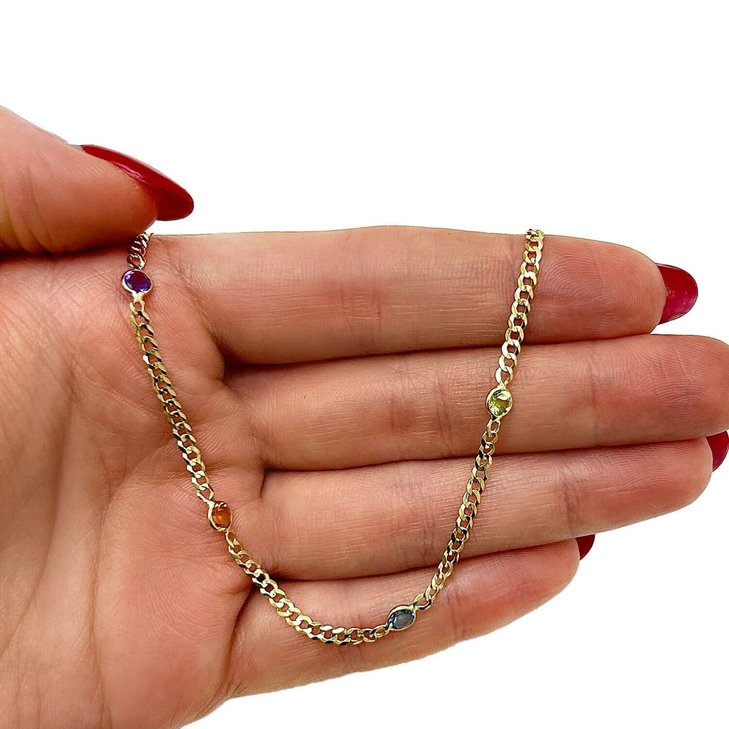 14K Real Gold Amethyst Blue Topaz Citrine Garnet Peridot Station Necklace 17"