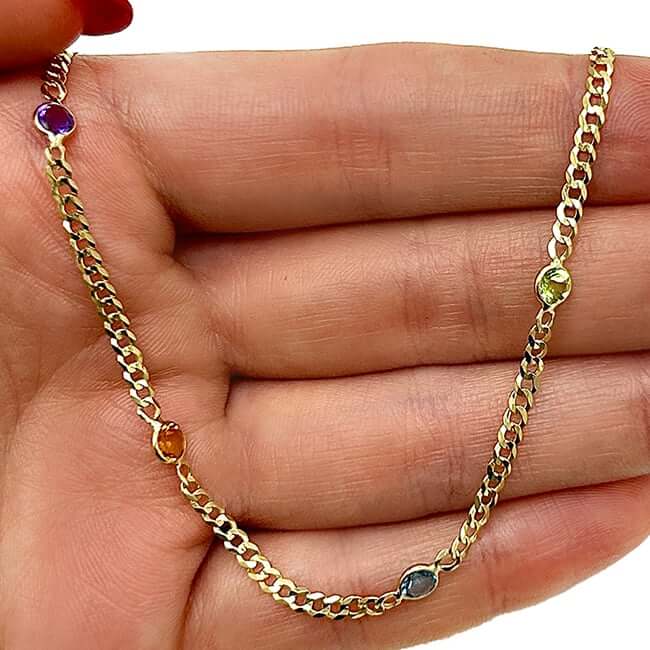 14K Real Gold Amethyst Blue Topaz Citrine Garnet Peridot Station Necklace 17"