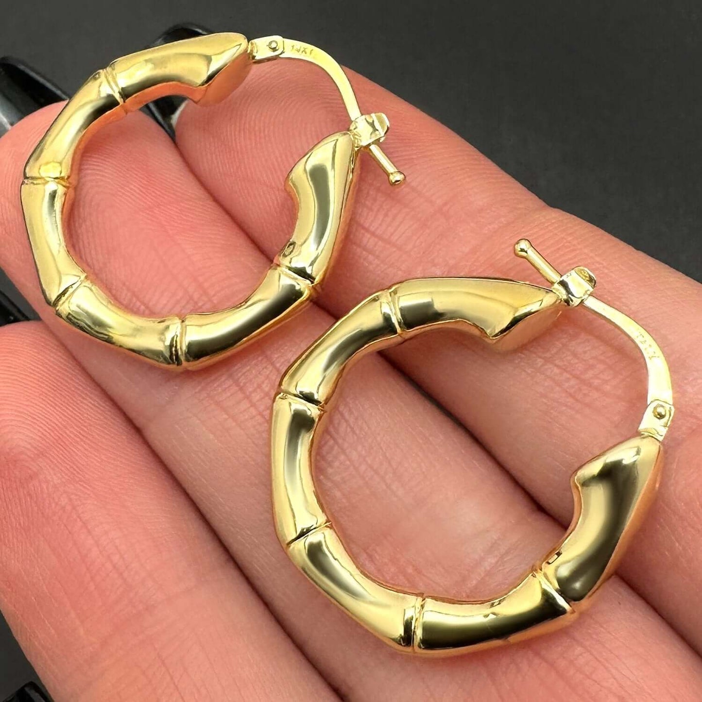 Real 14K Gold Hinged Bamboo Hoop Earrings 25mm-35mm