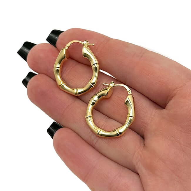 Real 14K Gold Hinged Bamboo Hoop Earrings 25mm-35mm
