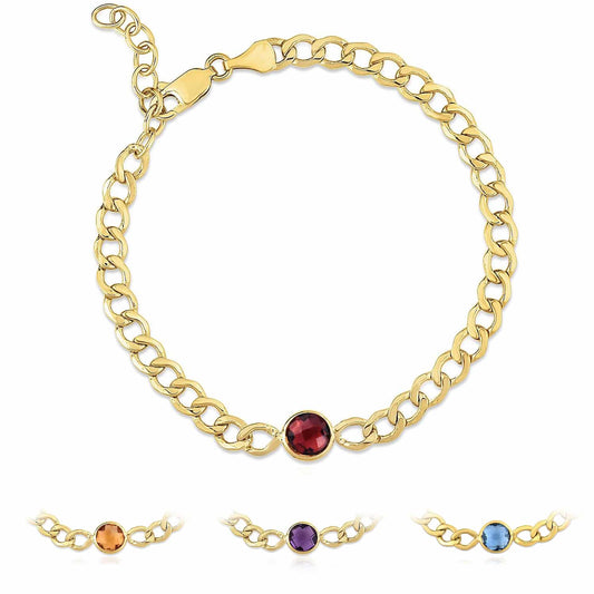 14K Yellow Gold 6mm Round Gemstone Cuban-Curb Bracelet (Solid Links) 7"-7.75" Adjustable