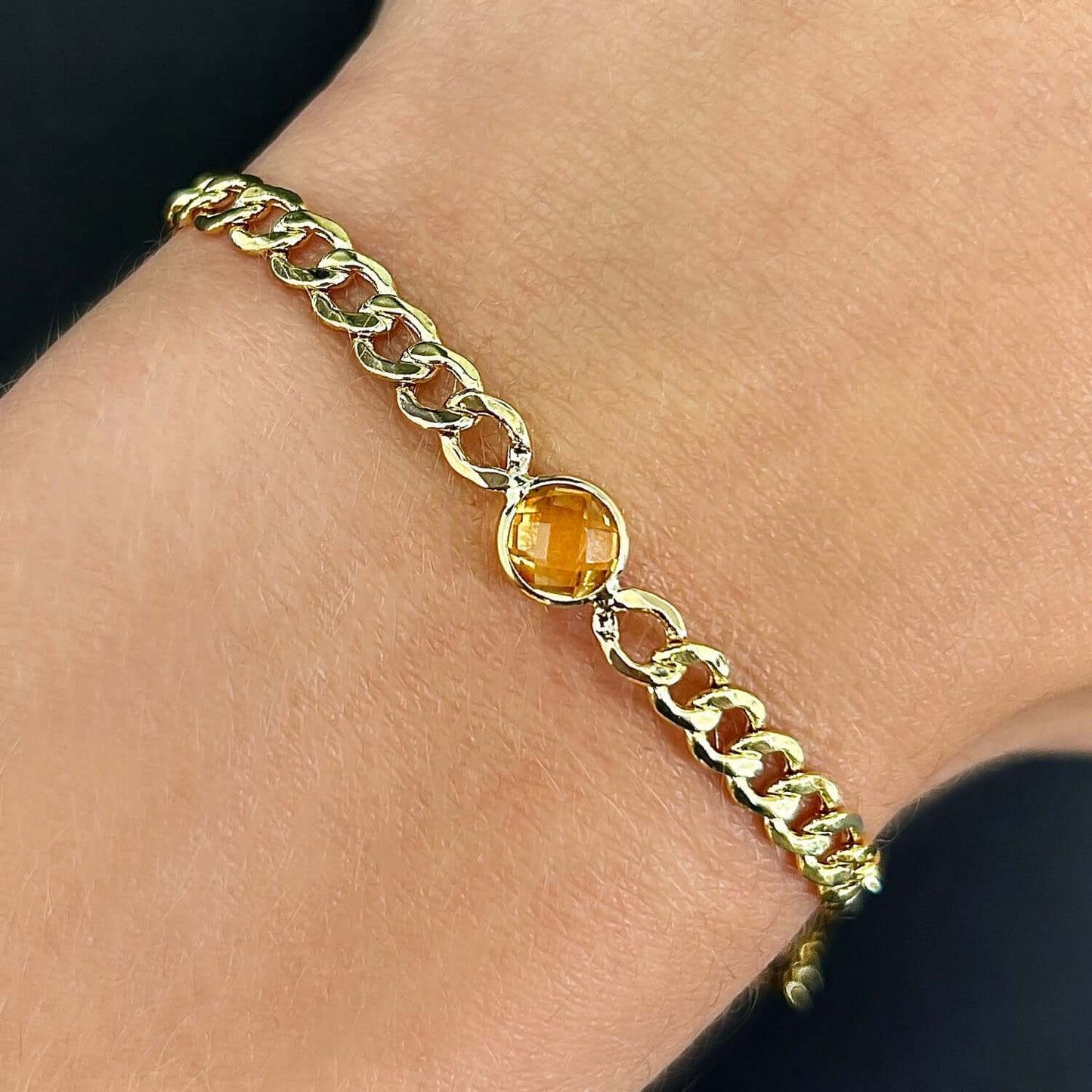 14K Real Gold Yellow 6mm Round Gemstone Cuban-Curb Bracelet 7.25"-8.25" Adjust.
