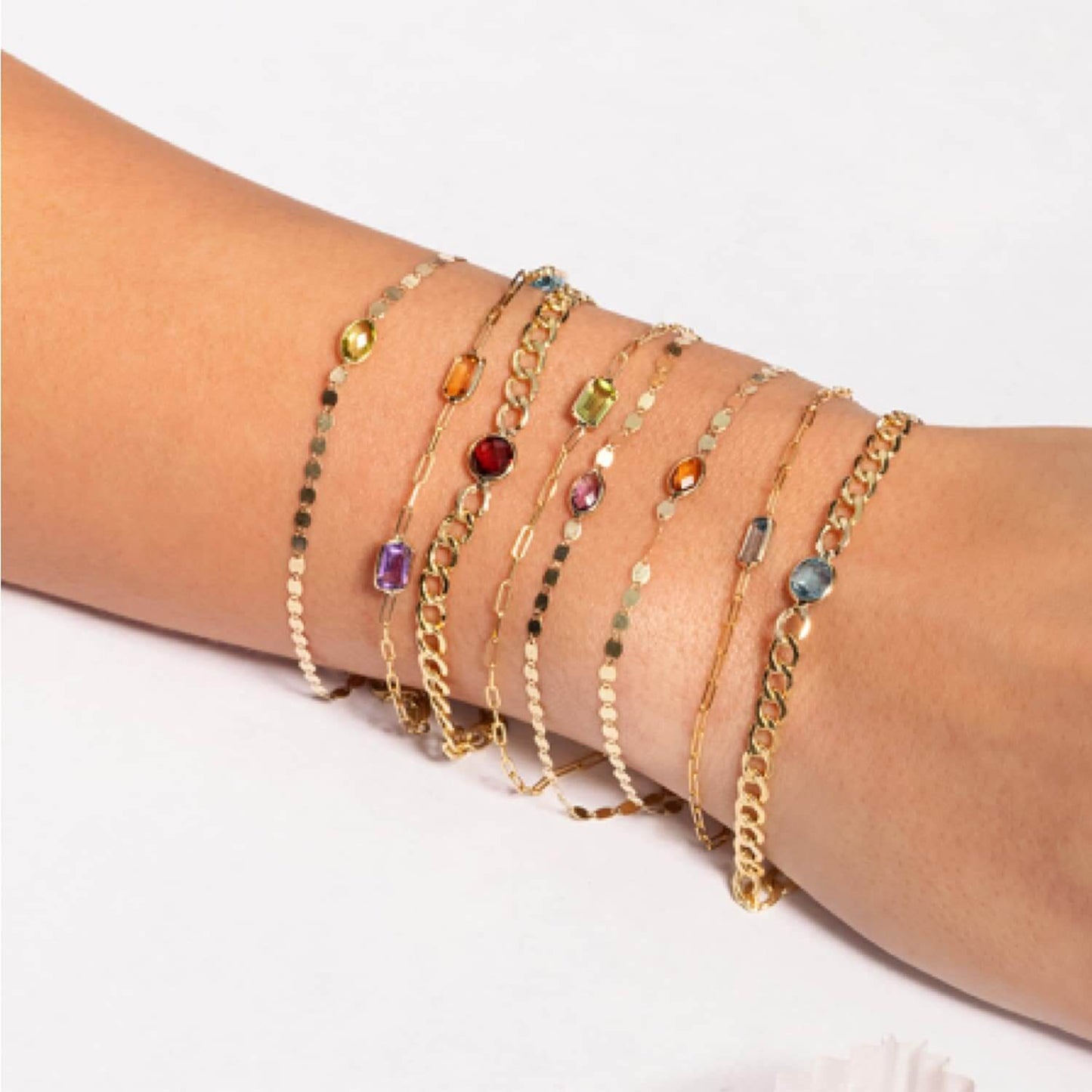 14K Real Gold Yellow 6mm Round Gemstone Cuban-Curb Bracelet 7.25"-8.25" Adjust.