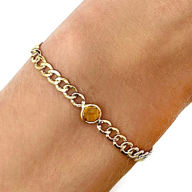 14K Real Gold Yellow 6mm Round Gemstone Cuban-Curb Bracelet 7.25"-8.25" Adjust.