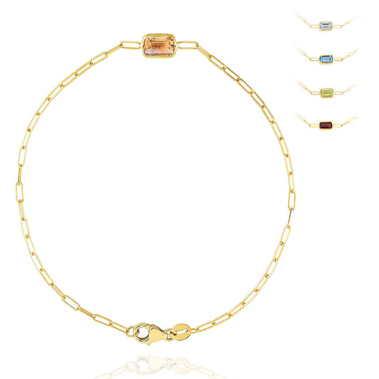 14K Yellow Gold Bezel Baguette Gemstones Paperclip Bracelet (Solid Links) 7"