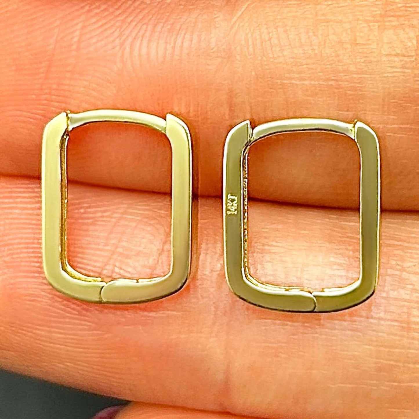 Real 14K Gold Mini Square Snap Clasp Huggie Hoop Earrings 12mm