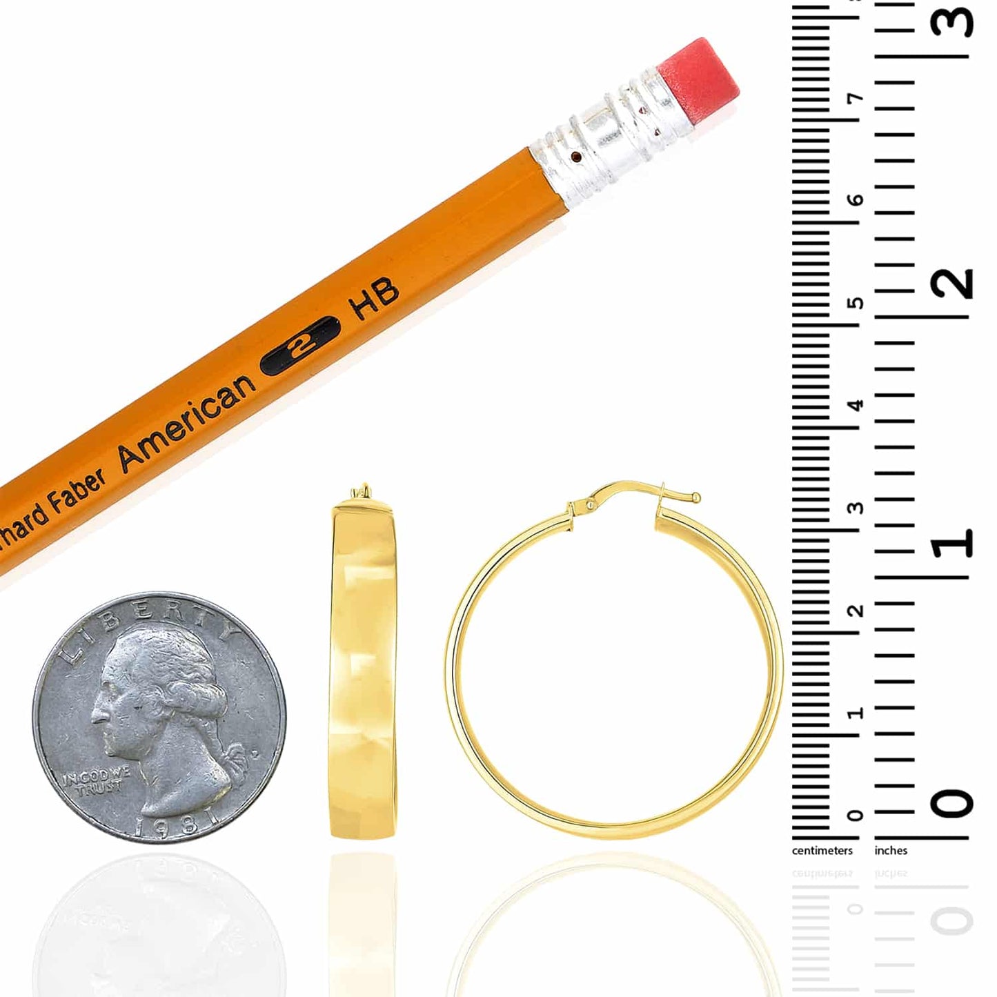 14K Real Gold Wide Flat Domed Round Tube Hoop Earrings 35mm