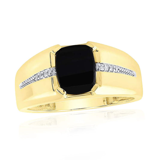 0.04CTW Natural Diamond 10K Yellow Gold Black Onyx Signet Ring