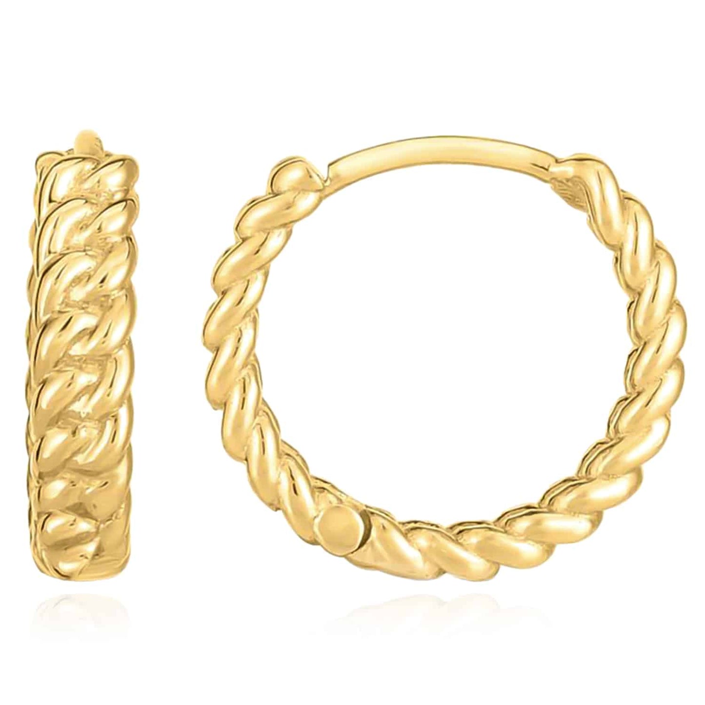 14K Real Gold Braided Huggie Hoop Snap Clasp Earrings 14mm