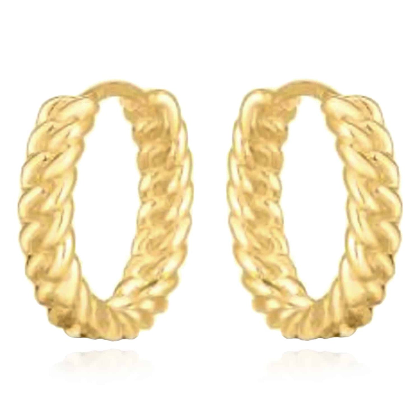 14K Real Gold Braided Huggie Hoop Snap Clasp Earrings 14mm