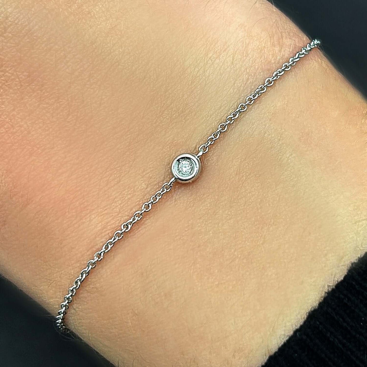 Real Diamond 14K Real Gold White Rose Solitaire Cable Bracelet 6.5-7" Adjus