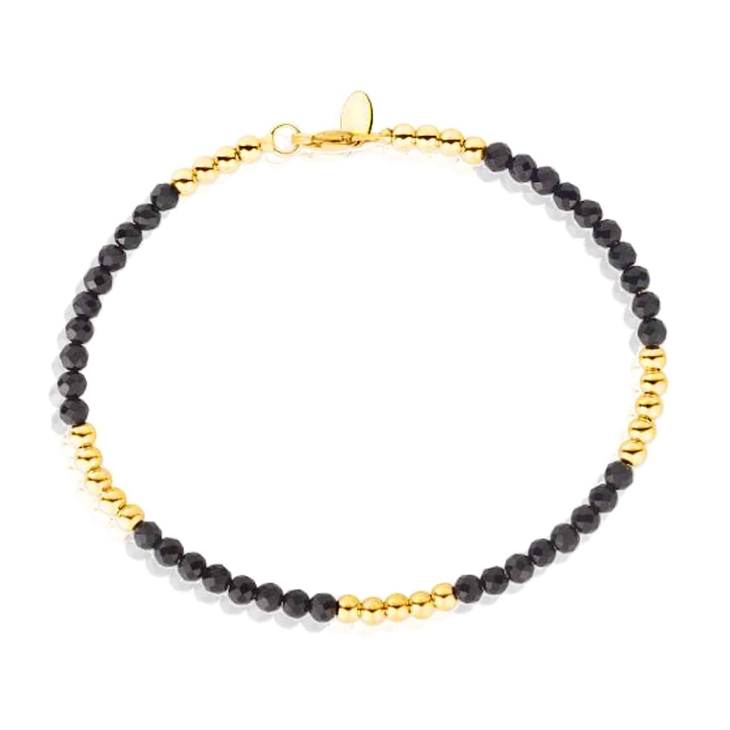 14K Real Gold Yellow 3.5mm Ball Beaded Black Onyx Bracelet 7"