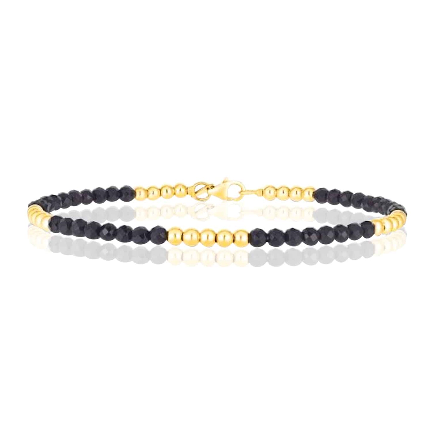 14K Real Gold Yellow 3.5mm Ball Beaded Black Onyx Bracelet 7"