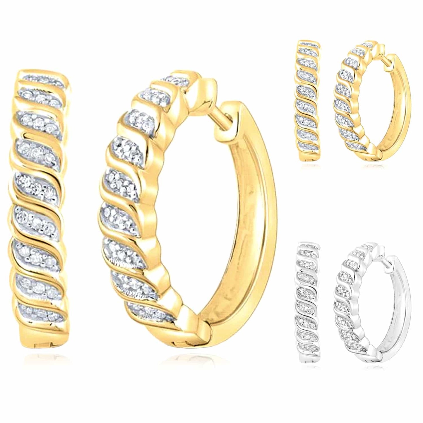 0.17CTW Real Diamond 18K Gold Over Silver Wavy Huggie Hoop Earrings 18mm