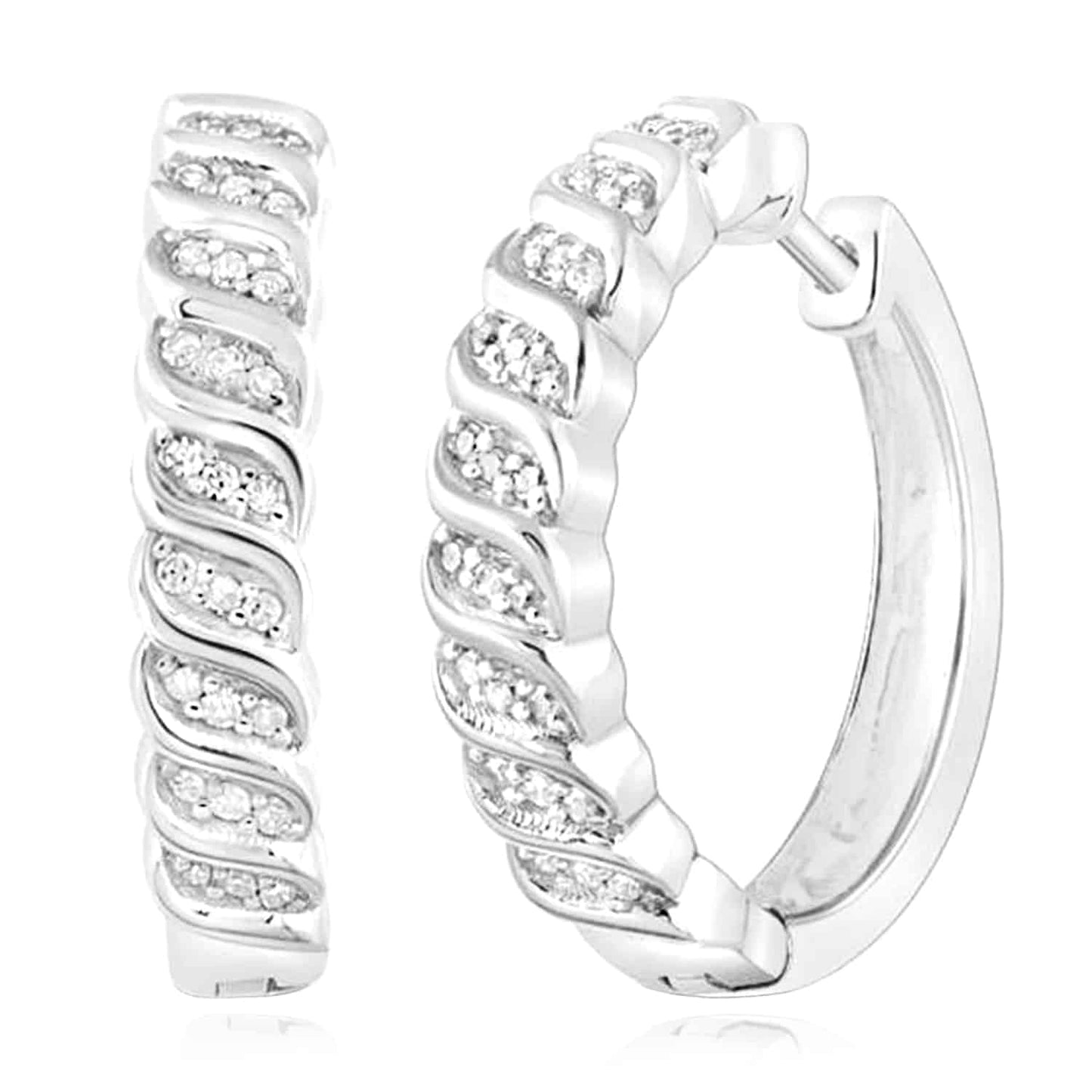 0.17CTW Real Diamond 18K Gold Over Silver Wavy Huggie Hoop Earrings 18mm