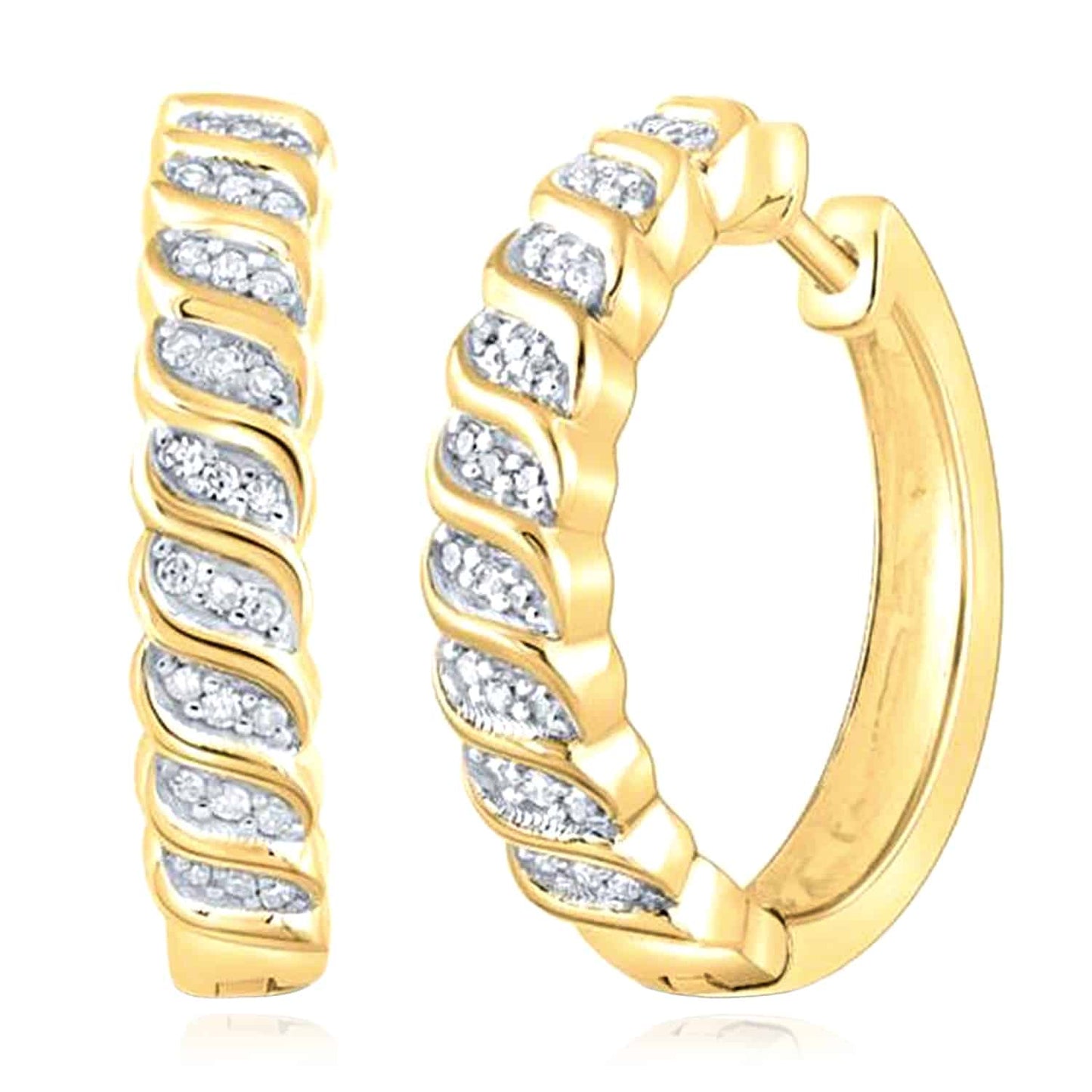 0.17CTW Real Diamond 18K Gold Over Silver Wavy Huggie Hoop Earrings 18mm