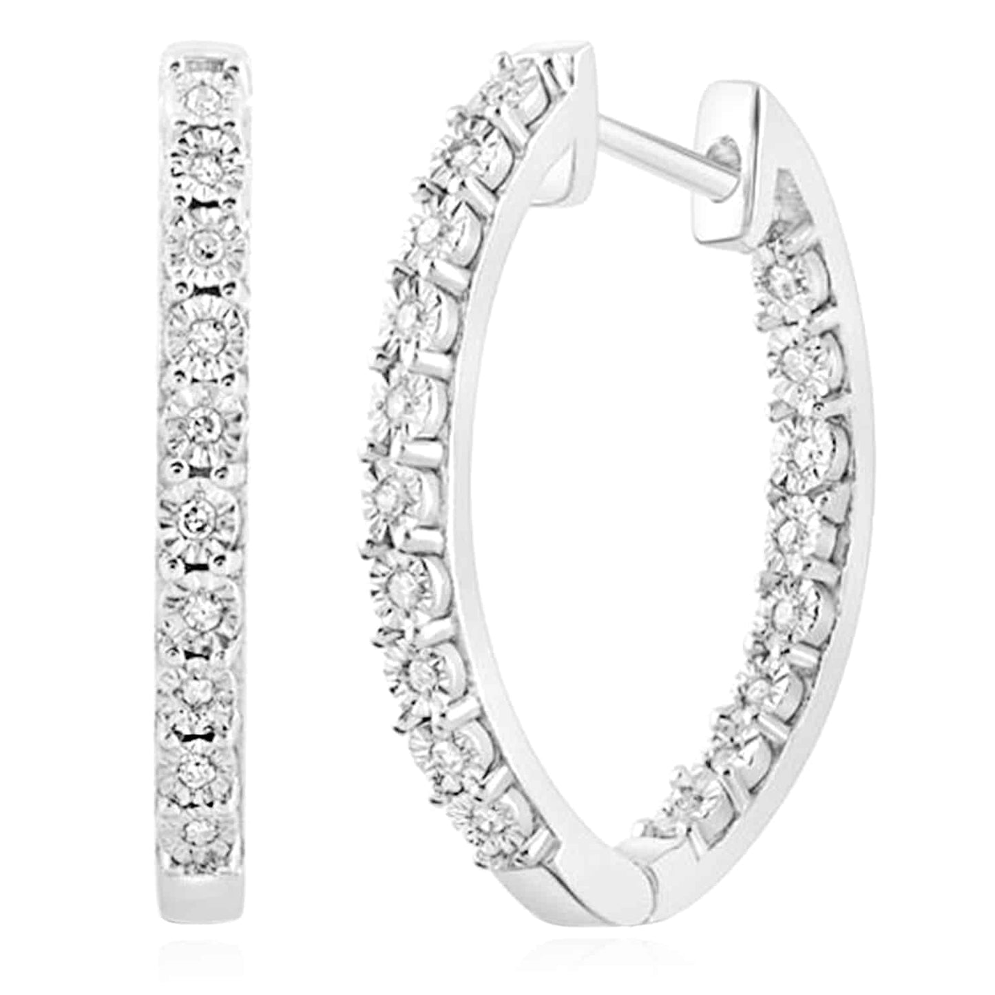 0.11CTW Real Diamond Sterling Silver Inside Outside Hinged Hoop Earrings 20mm