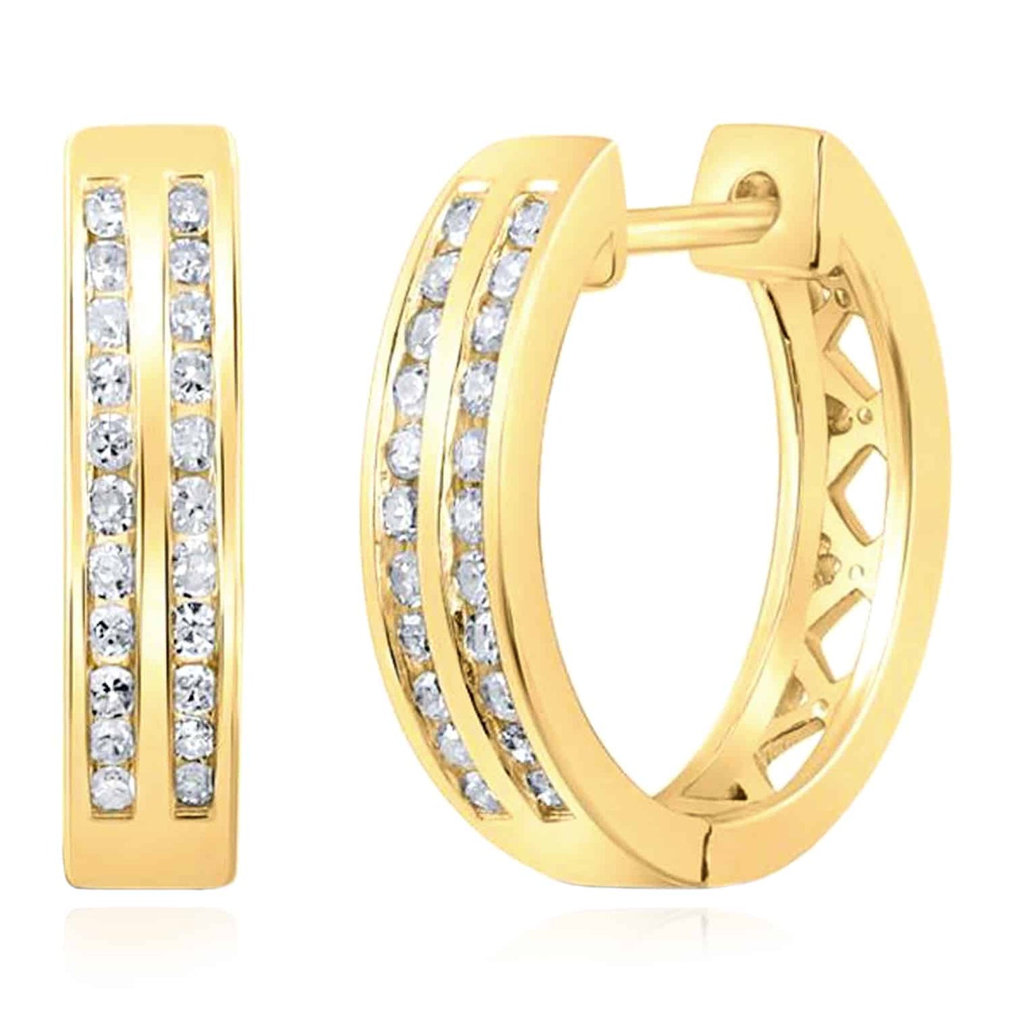 0.30CTW Natural Diamond 18K Gold Over Silver Yellow White Hoop Earrings 15mm