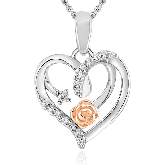 0.07CTW Natural Diamond Sterling Silver Rose Heart Pendant 0.7"