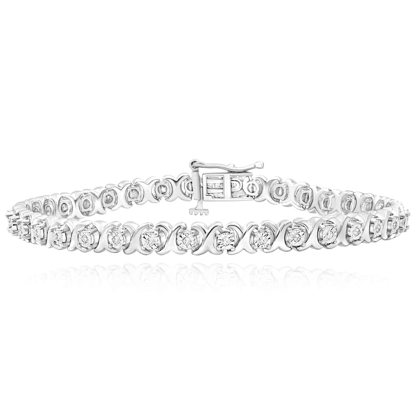 0.27CTW Real Diamond 7mm Sterling Silver Channel Set XO Tennis Bracelet 8"