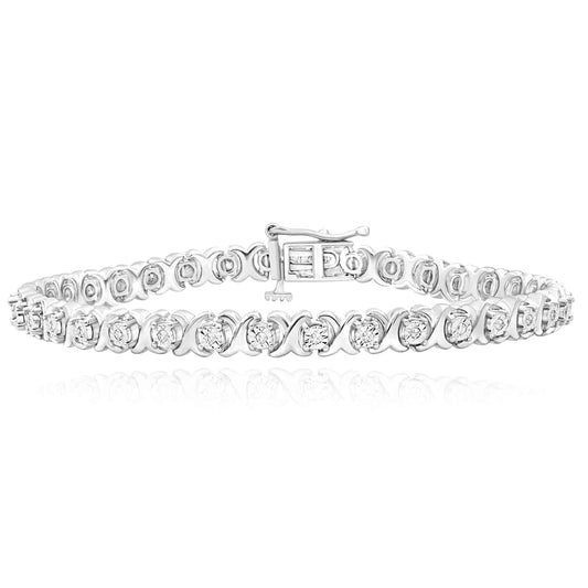 0.27CTW Natural Diamond 7mm Sterling Silver Channel Set XO Tennis Bracelet 8"