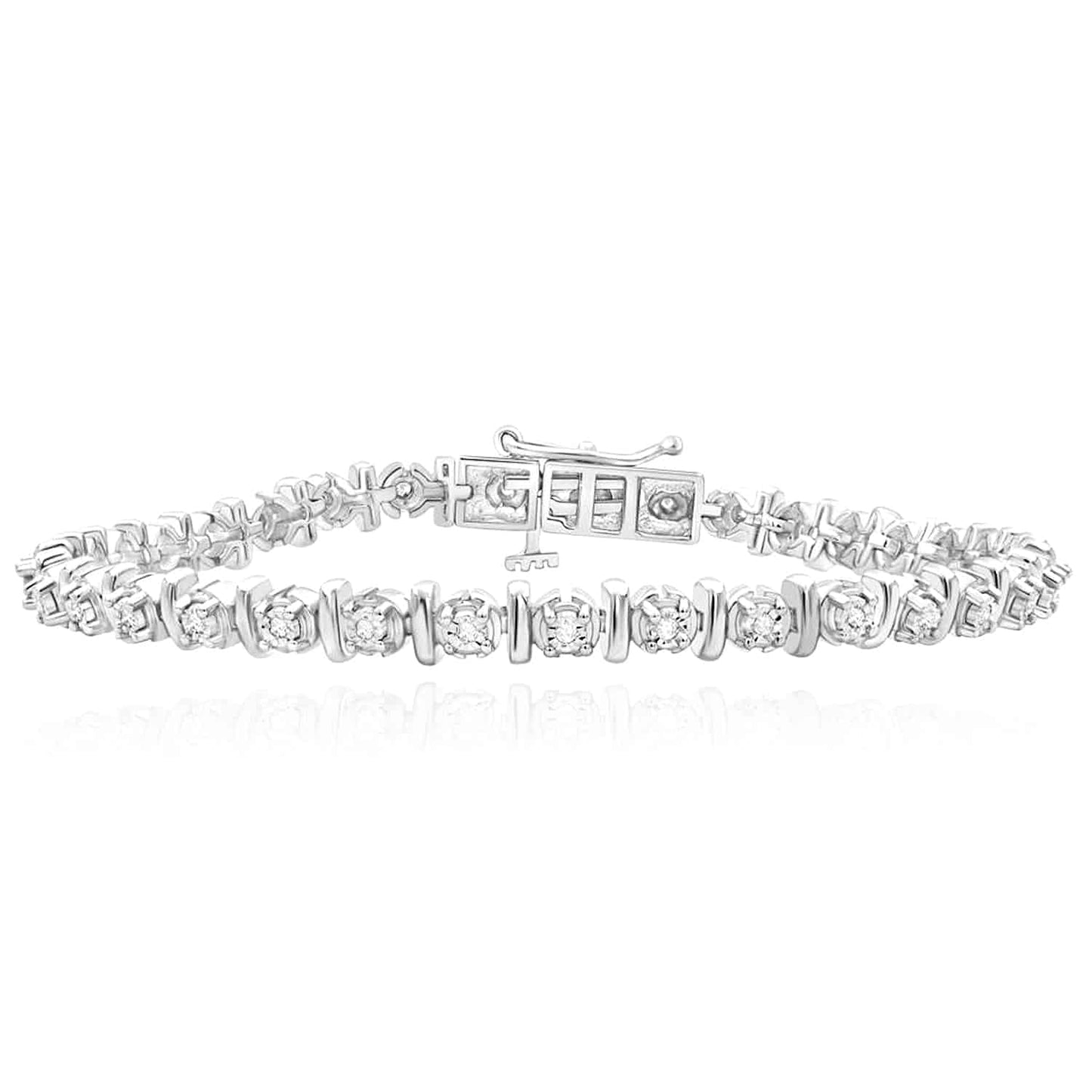 0.26CTW Real Diamond 6mm Sterling Silver Bar-Link Tennis Bracelet 8"
