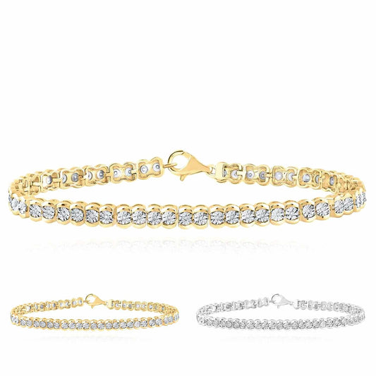 0.10CTW Natural Diamond 5mm Sterling Silver Round Pattern Tennis Bracelet 7"