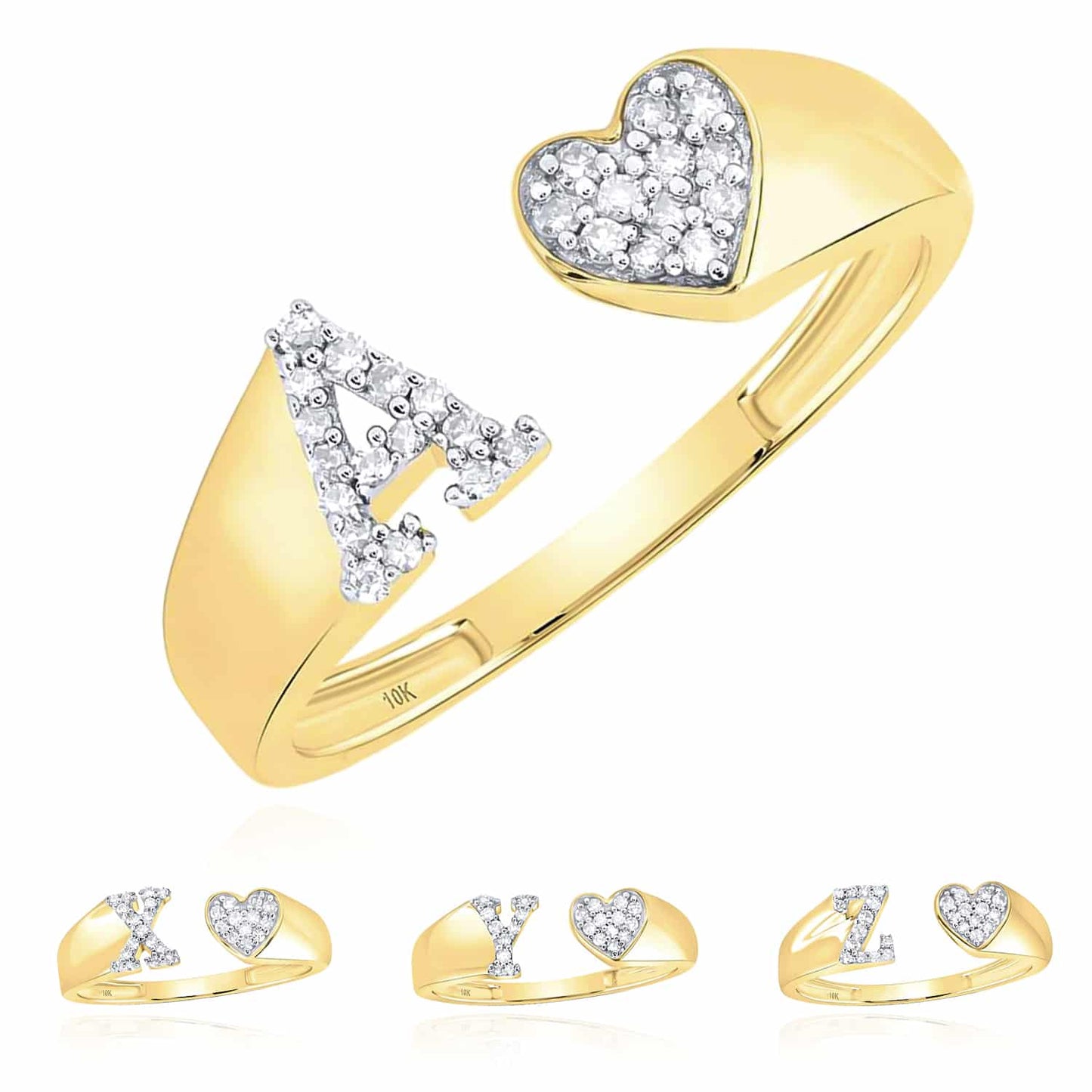 0.10CTW Natural Diamond 10K Yellow Gold Heart Initial Cocktail Open Ring