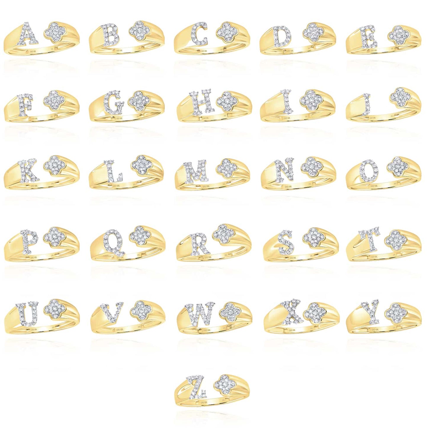 0.12CTW Natural Diamond 10K Yellow Gold Clover Leaf Initial Cocktail Open Ring