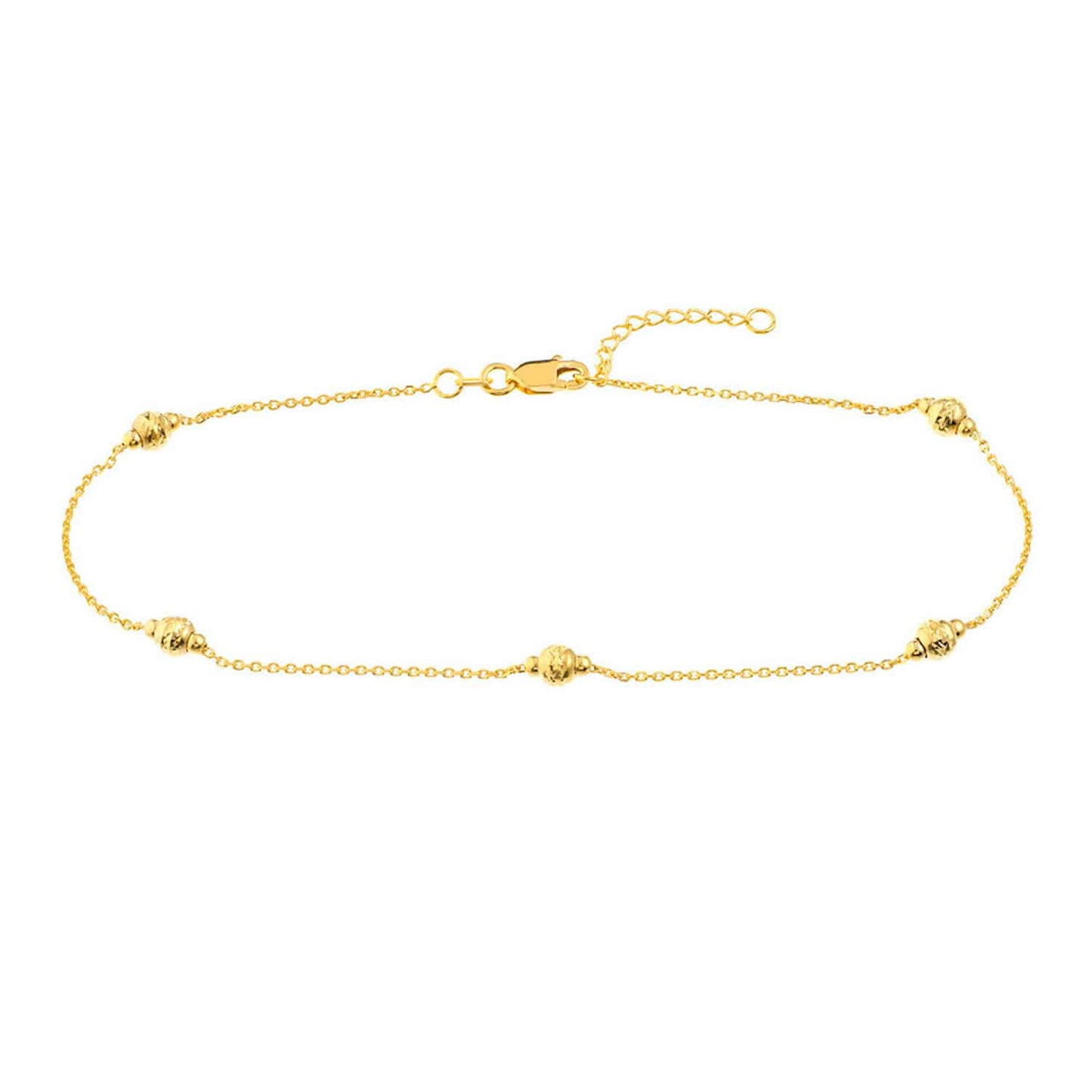 14K Real Gold Yellow Diamond-Cut Mini Beaded Anklet Bracelet 9"-10" Adjustable
