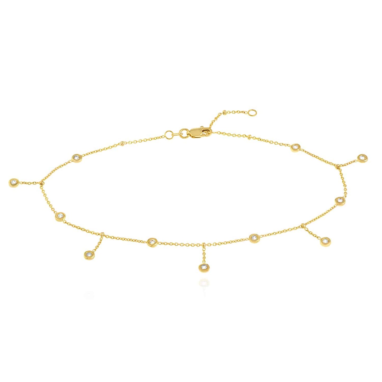 14K Real Gold Yellow White CZ Bezel Station Drop Anklet 9"-10" Adjust.