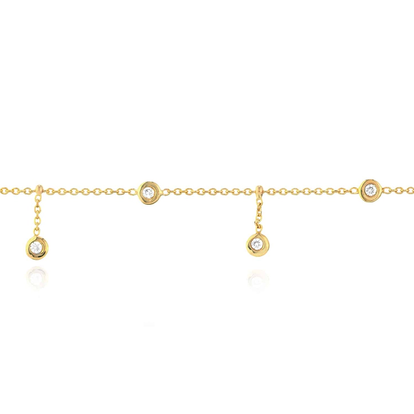 14K Real Gold Yellow White CZ Bezel Station Drop Anklet 9"-10" Adjust.