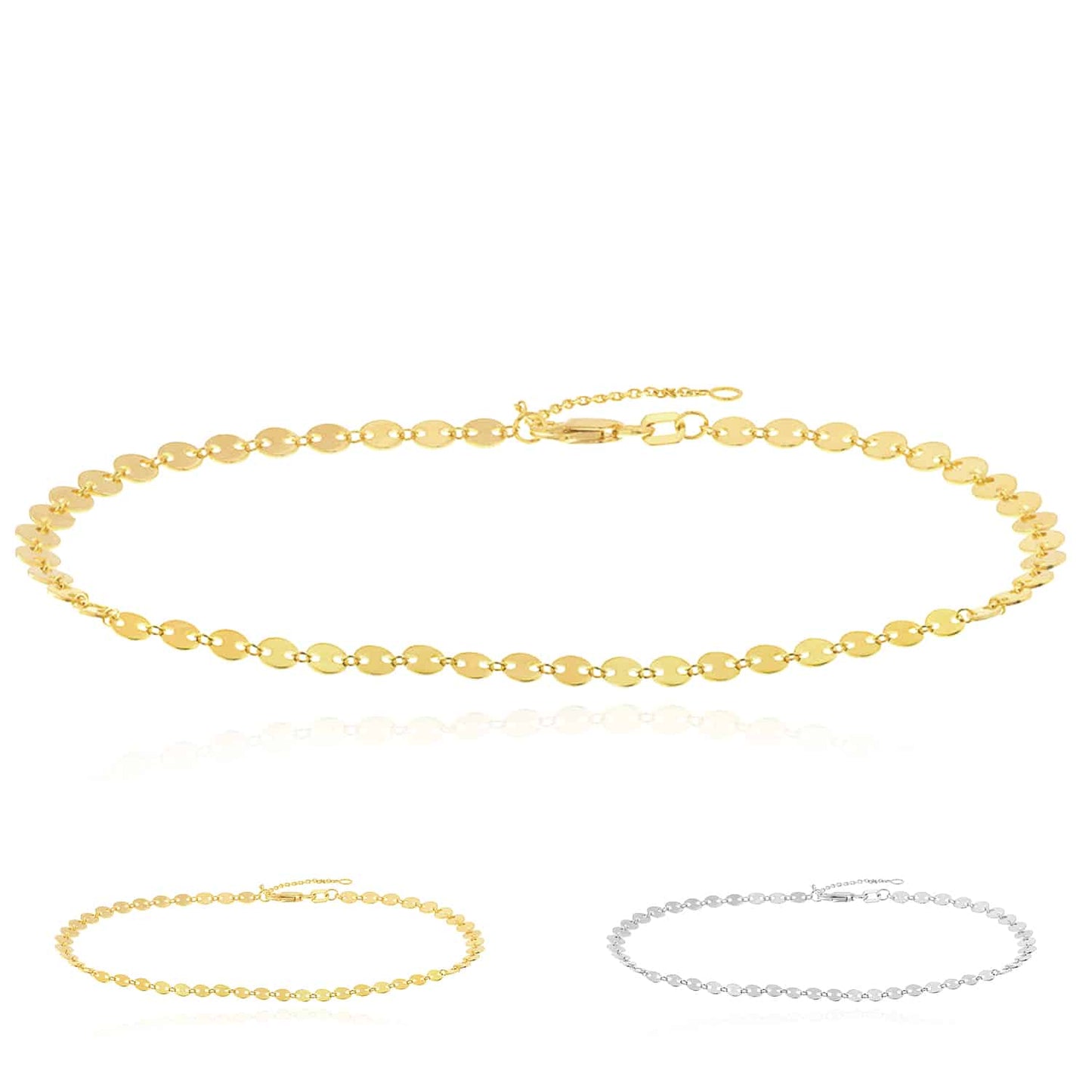 14K Real Gold Yellow White Mini Discs Anklet Bracelet 9"-10" Adjustable