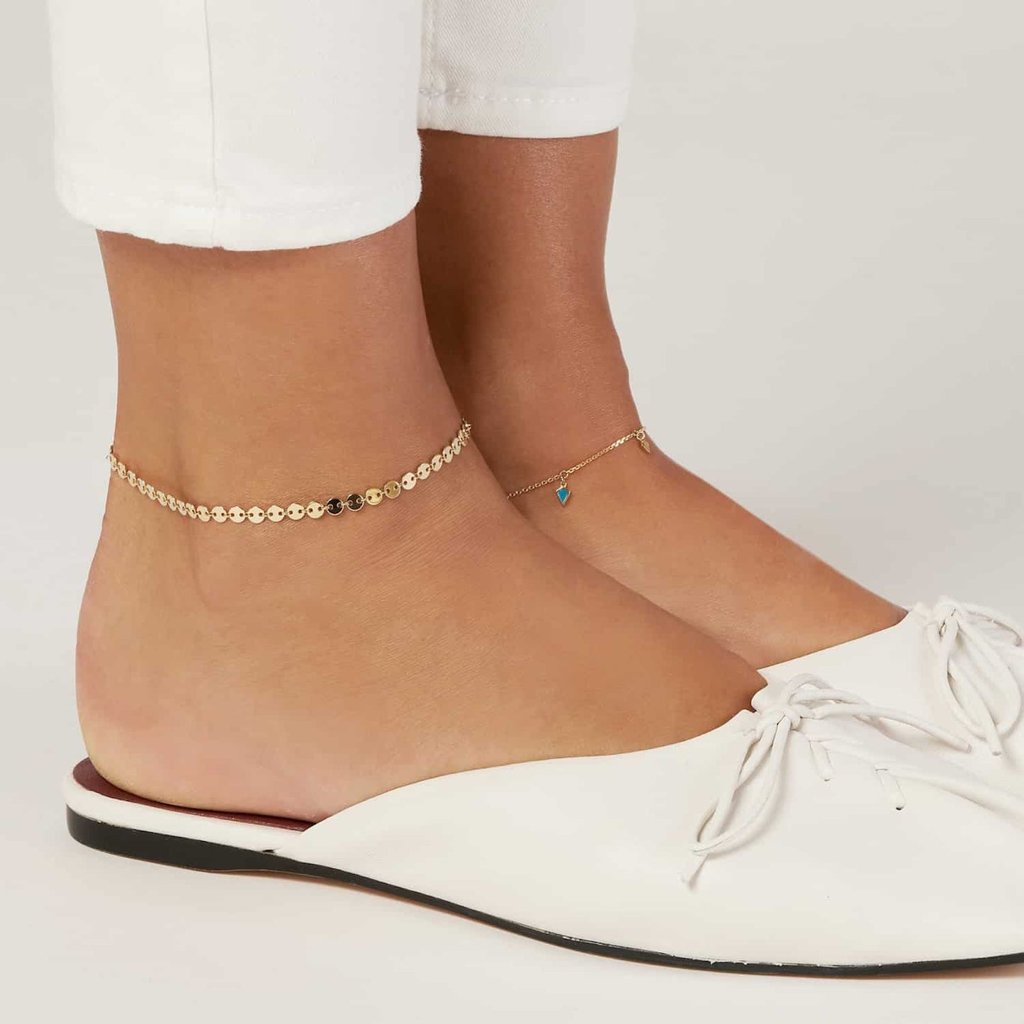 14K Real Gold Yellow White Mini Discs Anklet Bracelet 9"-10" Adjustable