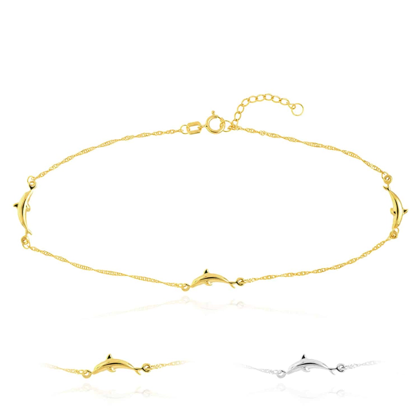 14K Real Gold Yellow White Singapore Dolphin Trio Anklet Bracelet 9"-10" Adjustable