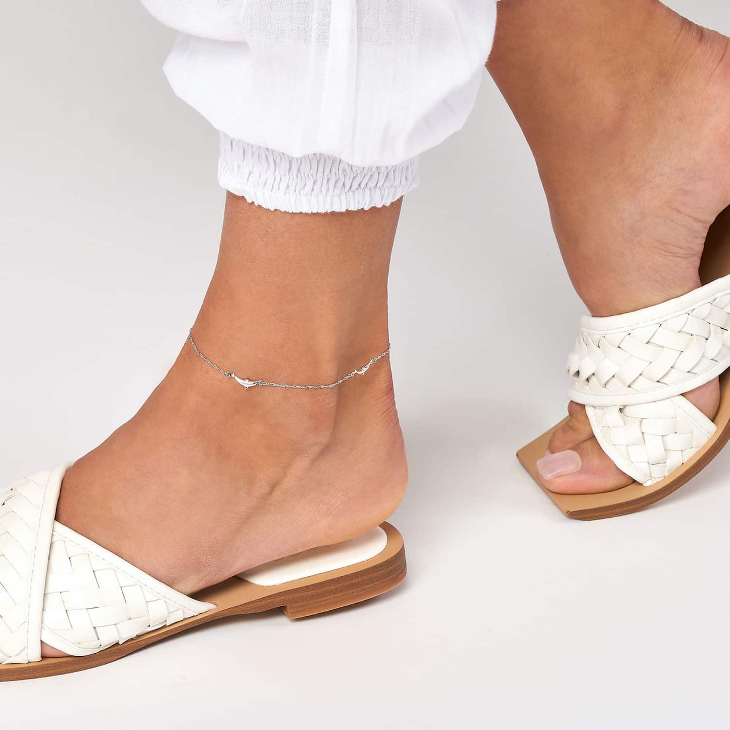 14K Real Gold Yellow White Singapore Dolphin Trio Anklet Bracelet 9"-10" Adjustable