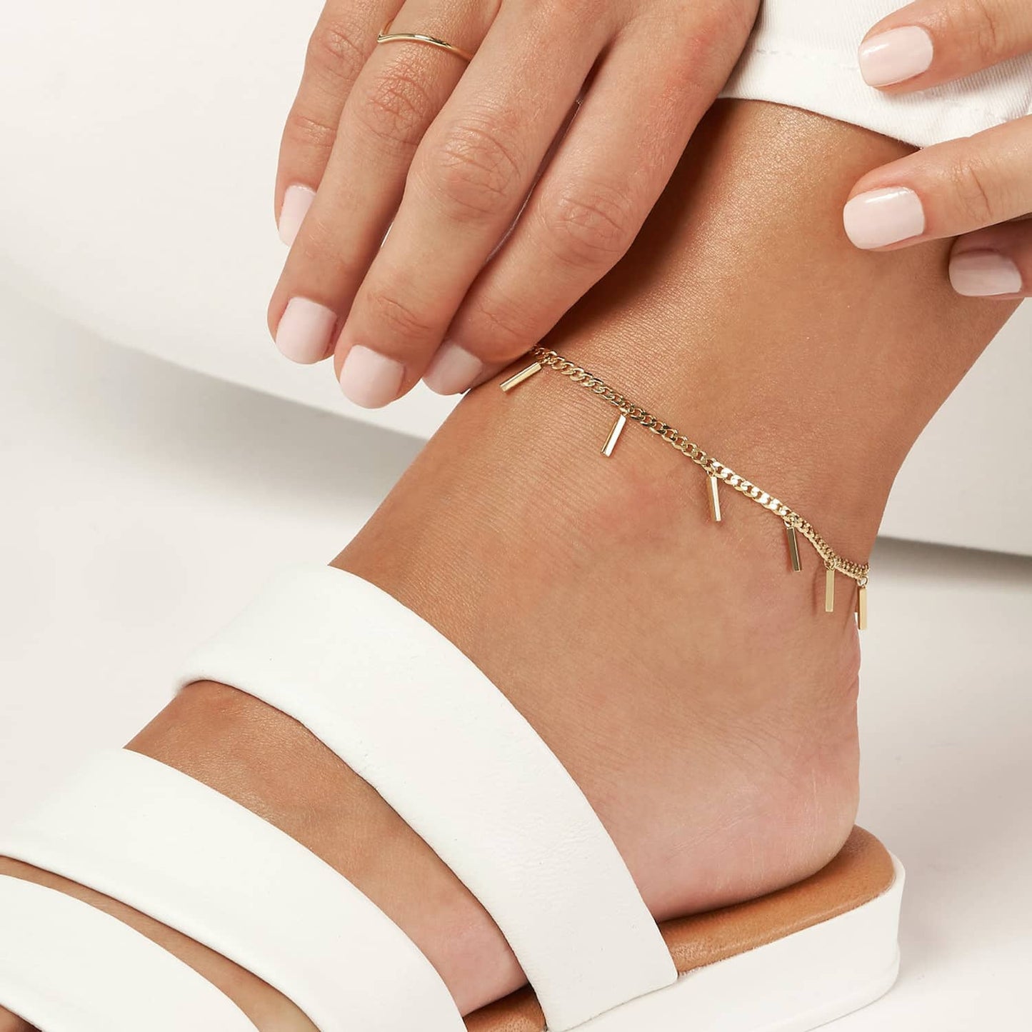 14K Real Gold Yellow Bars Dangle Curb Anklet Bracelet 9"-10" Adjustable