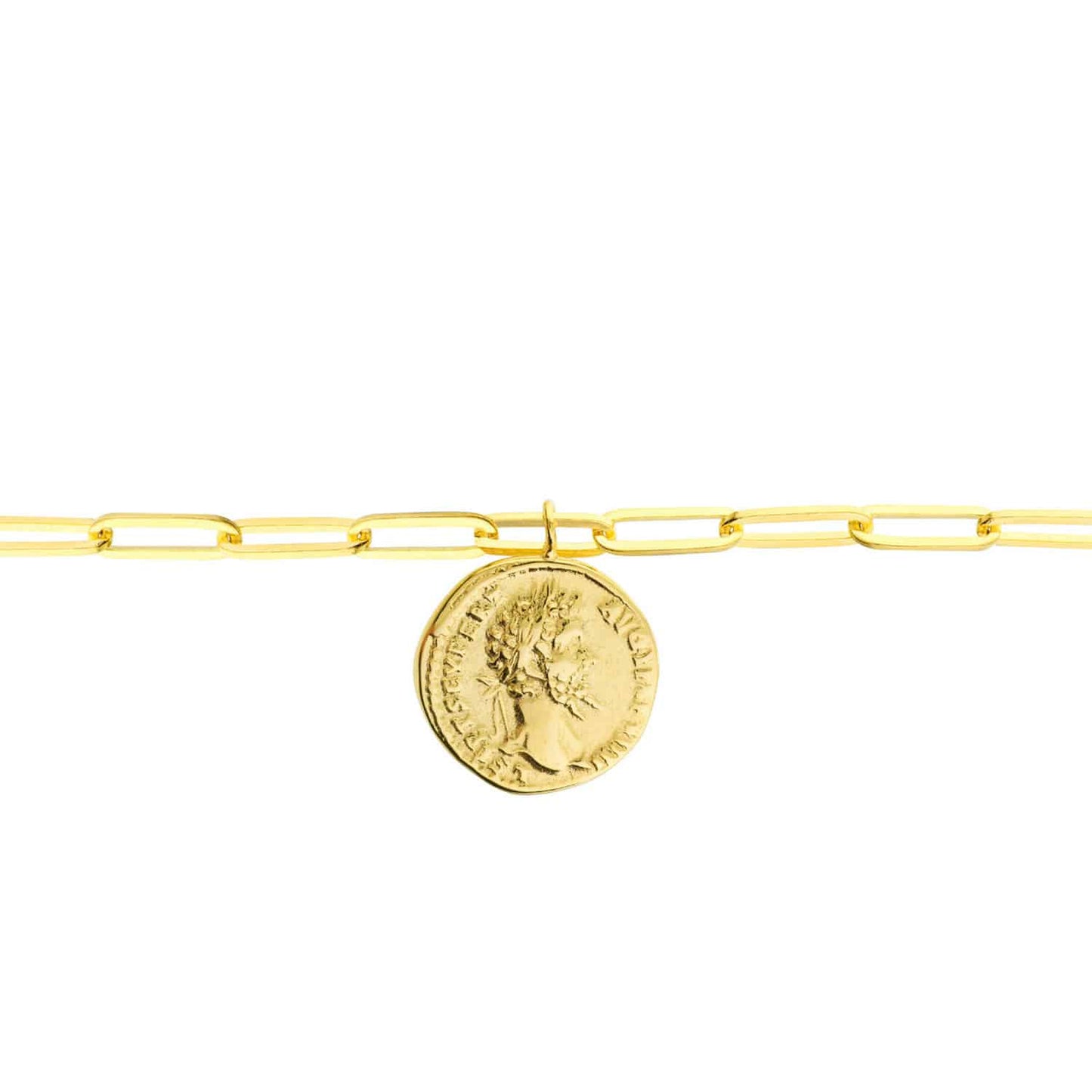14K Real Gold Yellow 3.8mm Paperclip Antique Coin Bracelet 7.25"