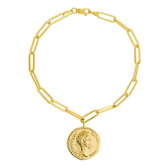 14K Yellow Gold 3.8mm Paperclip Antique Coin Bracelet (Solid Links) 7.25"