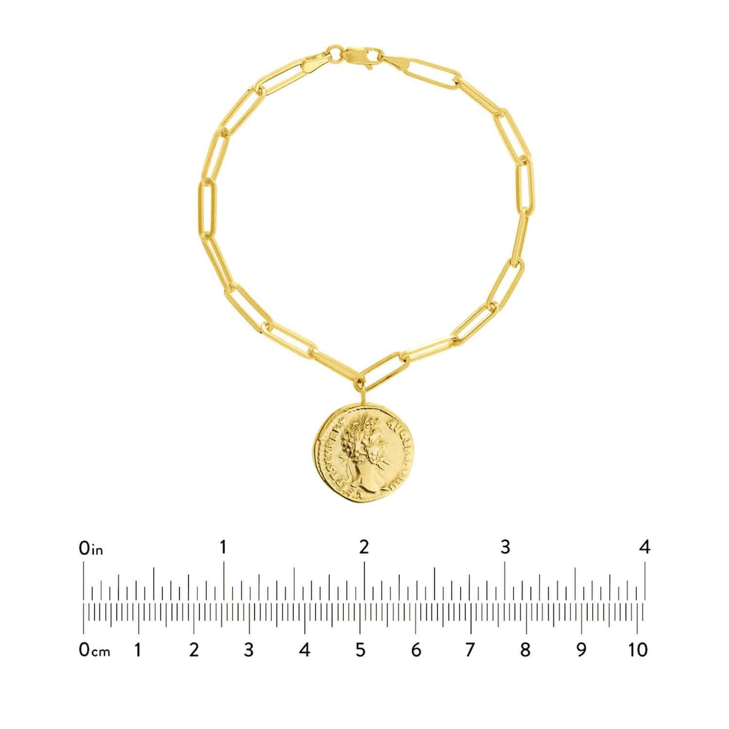 14K Real Gold Yellow 3.8mm Paperclip Antique Coin Bracelet 7.25"