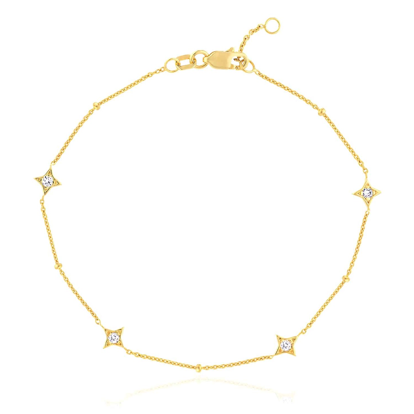 0.12CTW Real Diamond 14K Real Gold Yellow White Rose Star Bead Bracelet 7-7.5" Adj