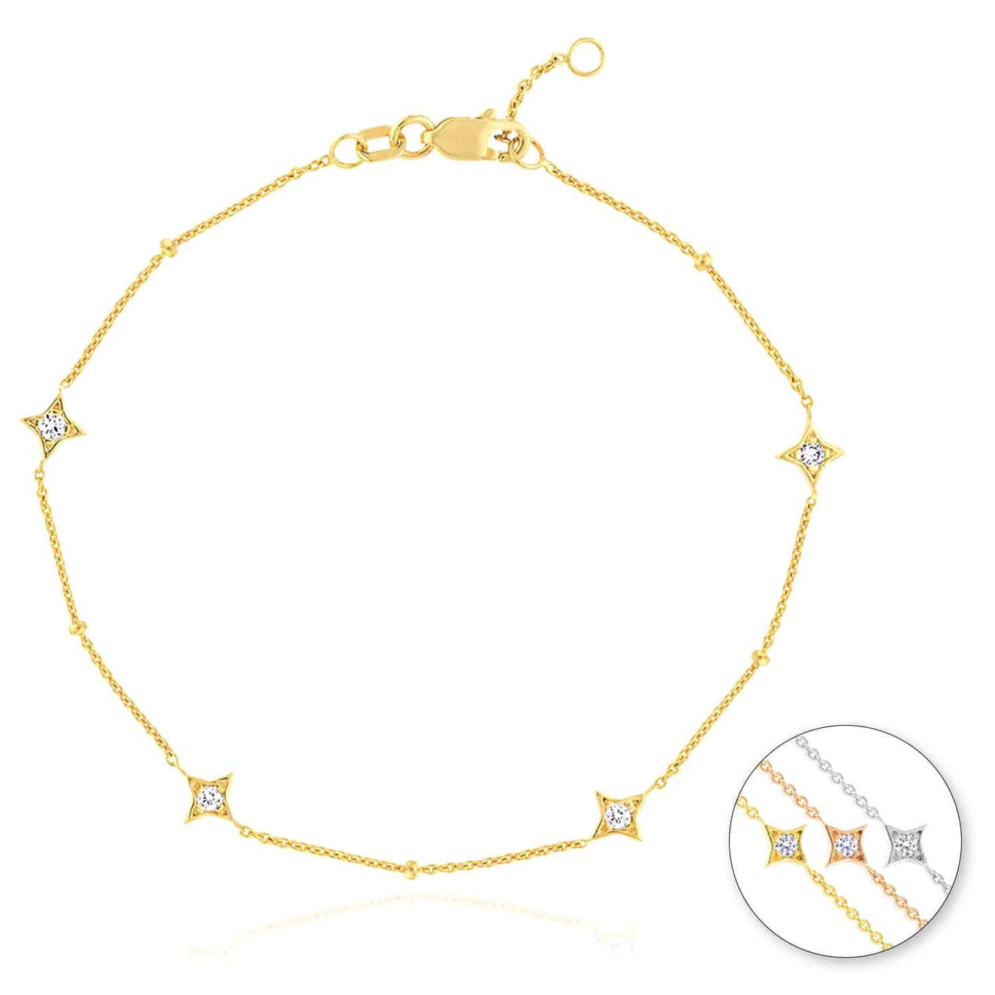0.12CTW Real Diamond 14K Real Gold Yellow White Rose Star Bead Bracelet 7-7.5" Adj