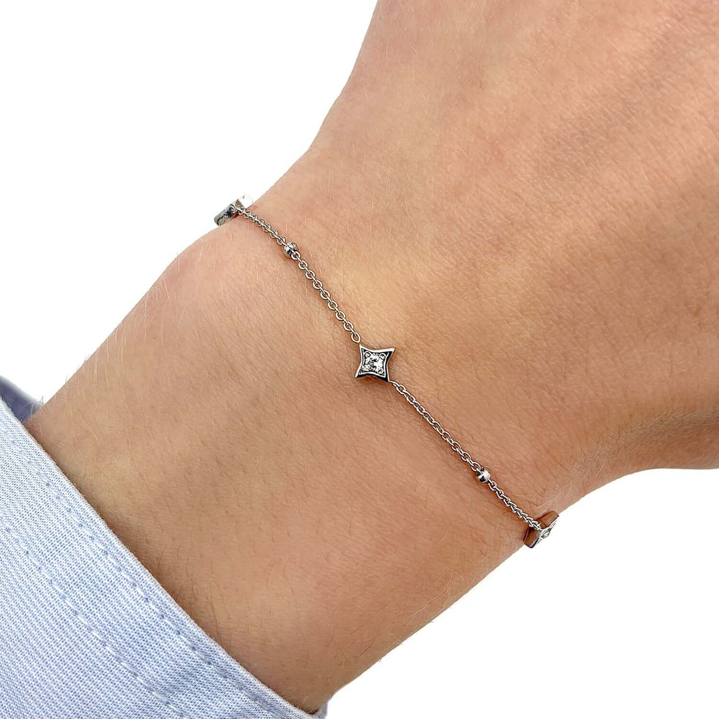 0.12CTW Real Diamond 14K Real Gold Yellow White Rose Star Bead Bracelet 7-7.5" Adj